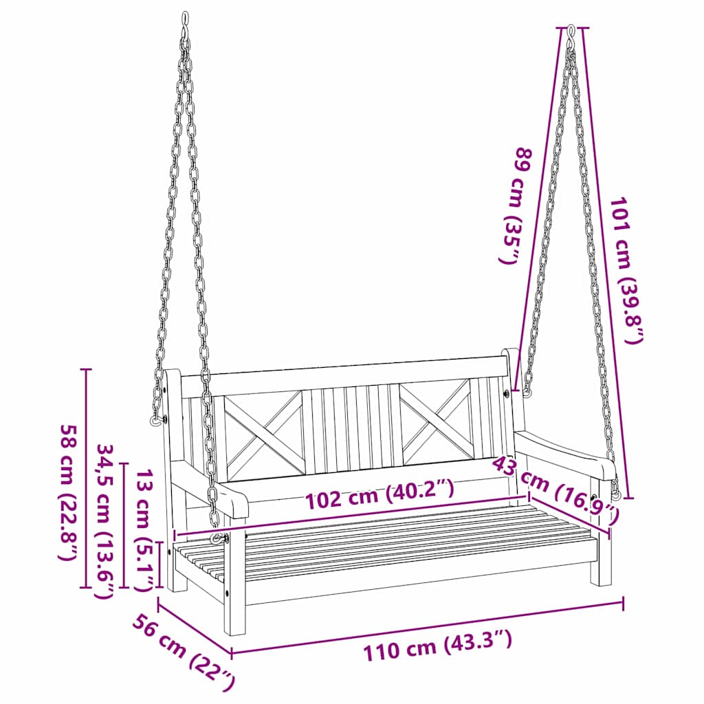 Garden Swing Bench Brown 119 x 35 x 47cm Solid Acacia wood